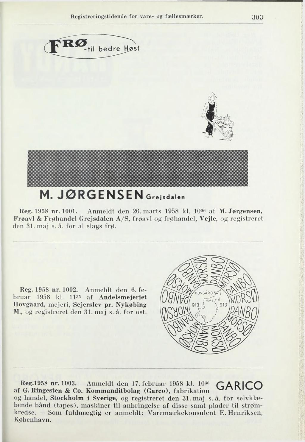 Registreringstidende for vare- og fællesmærker. 303 -til bedre Høst i M. JØRGENSENGr ejsdalen Reg. 1958 nr. 1001. Anmeldt den 26. marts 1958 kl. lo^e af M.
