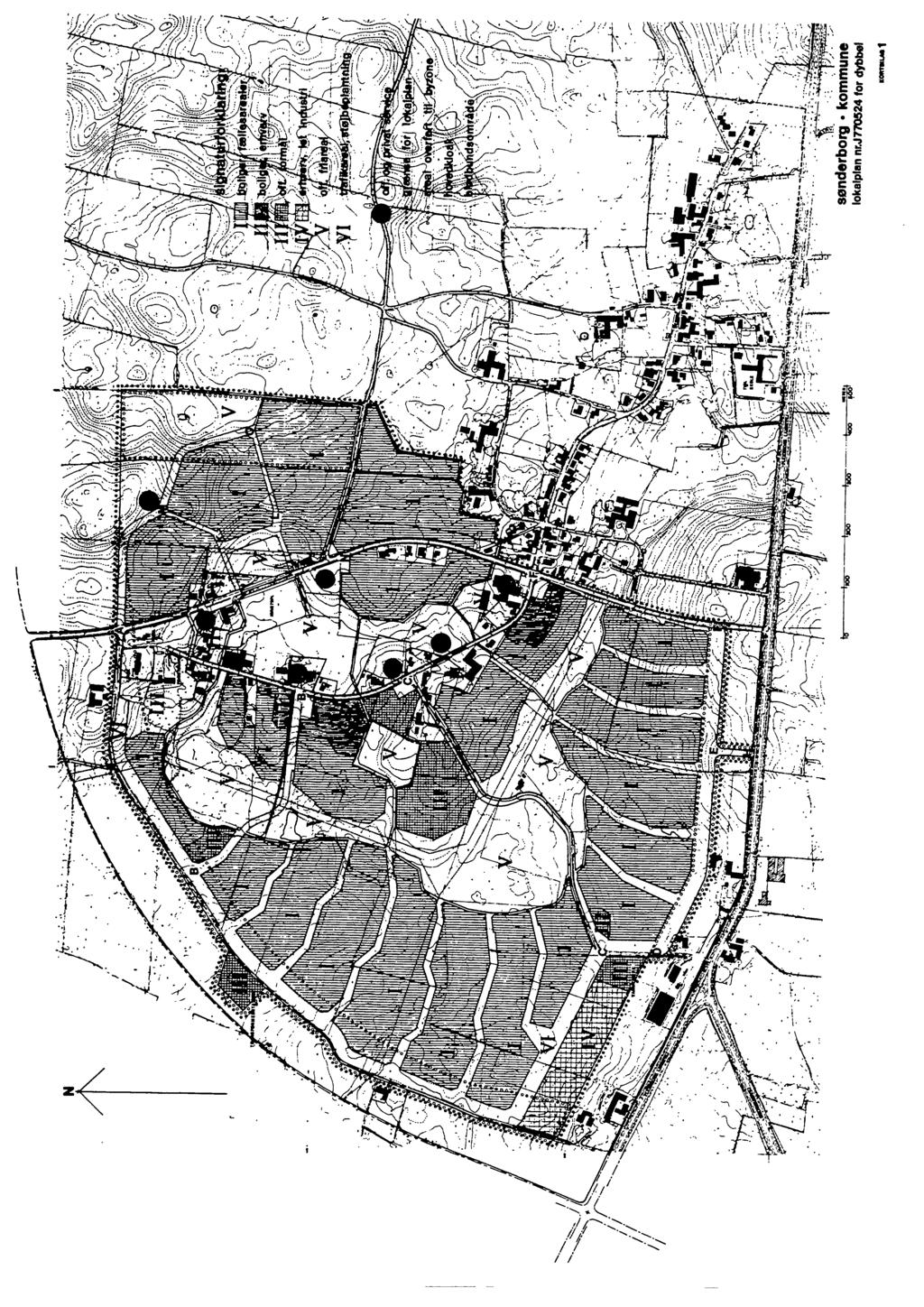 Redegørelse III Udsnit af kortbilaget for lokalplan J 77 05 24. Det nye lokalplanområde er markeret med rødt. I lokalplanen fra 1977 for det nye Dybbøl er området udlagt til offentligt friareal inkl.