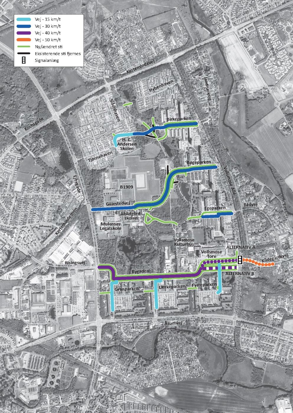 Figur 1: Projektforslag for nye og ændrede veje og stier i Vollsmose.