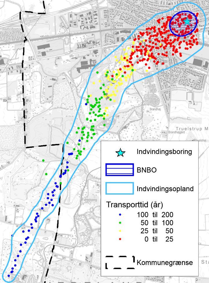 Figur 7-1. Indvindingsopland, BNBO og indvindingsboringer til Hedehusene Østre Vandværk med angivelse af transporttid.