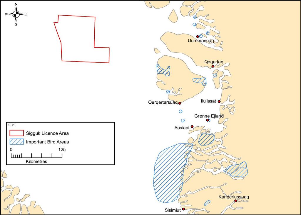 Figur 9 Vigtige fugleområder PROJEKTET Capricorn har en arbejdsinteresse i samlet set otte efterforskningslicenser ud for Grønlands sydkyst og vestkyst, men det nuværende boreprogram og denne
