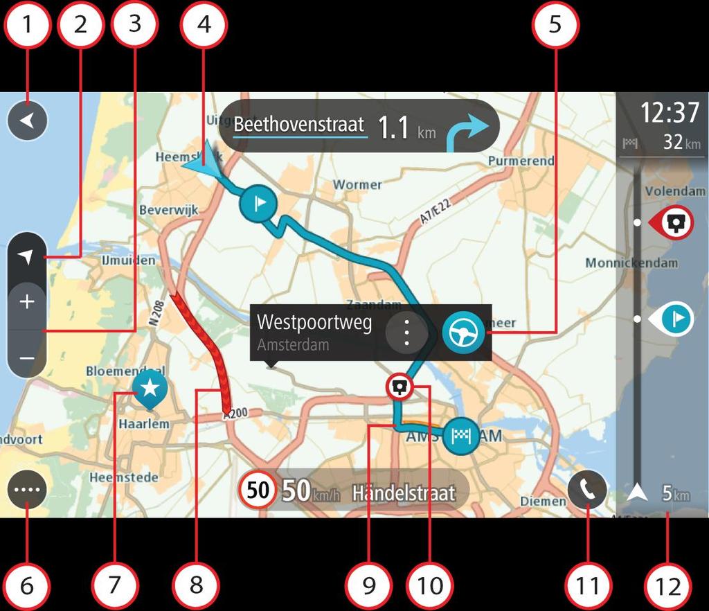 Hvad er der på skærmen Kortvisning Kortvisningen vises, når du ikke har planlagt en rute. Din faktiske position vises, så snart din TomTom GO Camper har fundet din GPS-position.