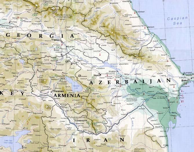 Sevan Yerevan Khor Virap Noravank Goris Carahunge Tatev Kort over rejseruten (de brune streger). Det indsatte kort viser den kristne armenske enklave Nagorno-Karabakh i det muslimske Aserbajdsjan.