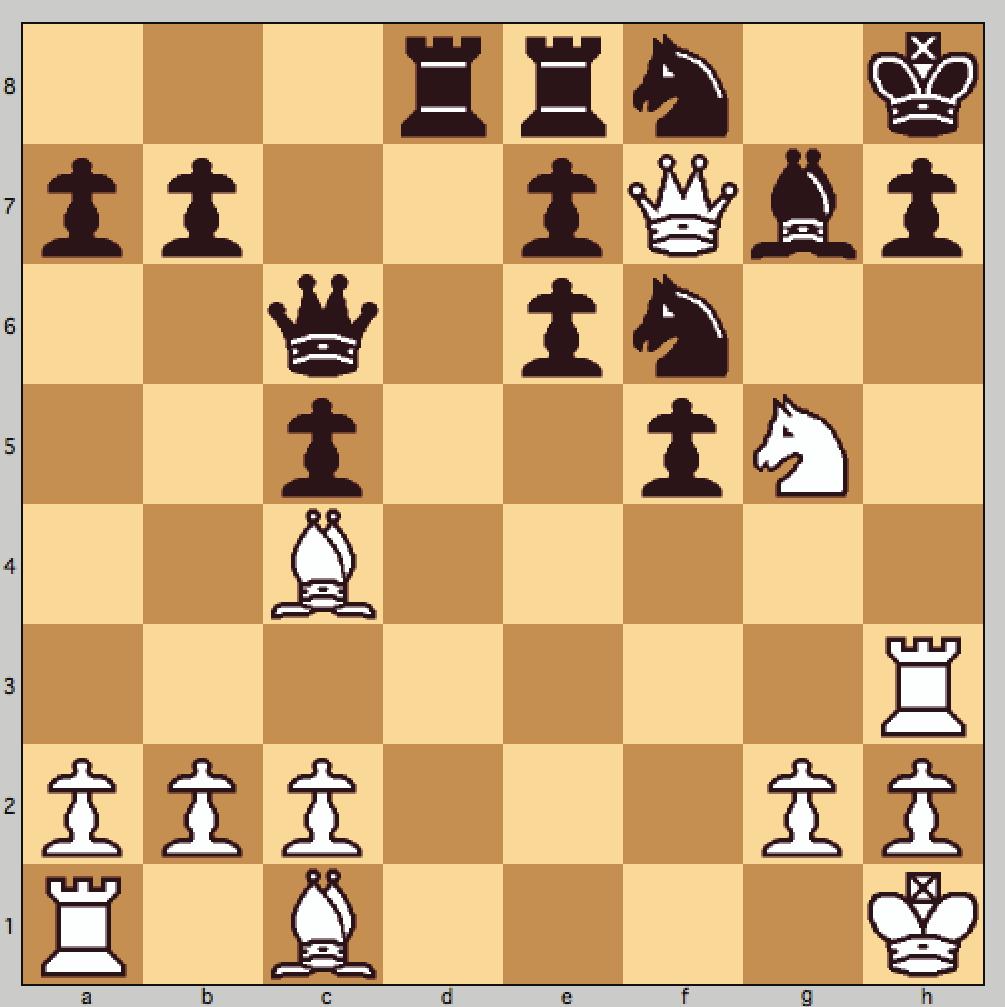 Dh4, Lxf3 13. Txf3, Tfe8 Dækker bonden på e7; slag på c3 var stadig muligt. 14. Th3 Et tårn-løft der ikke kan mistolkes, kaninen blotter sine lange gule tænder... 14. Sf8 Ser måske passivt ud, men alternativet leder i afgrunden efter 14.