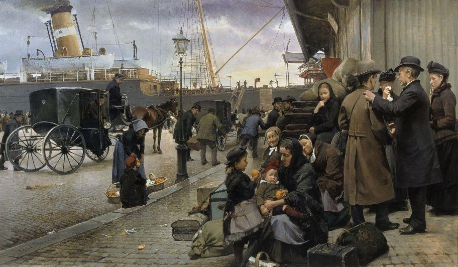 Slægts udvandring til Amerika Udvandrere klar til afgang fra Larsens Plads i København, 1890.