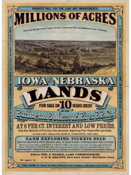 Plakat med reklame for land (med 10-års kredit) i Iowa eller Nebraska. Udbyder er jernbaneselskabet Burlington & Missouri River R. R. Co.