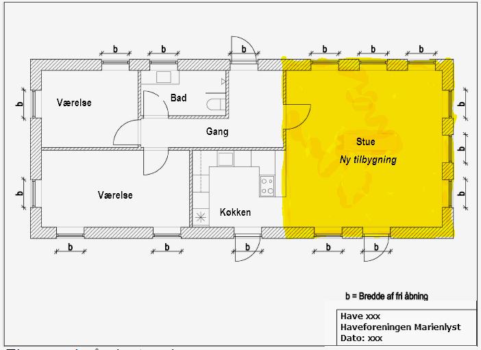 GRUNDPLAN Grundplanen er en tegning af huset set fra oven, uden tag på. Den skal vise Den nye bygning / tilbygning Evt.