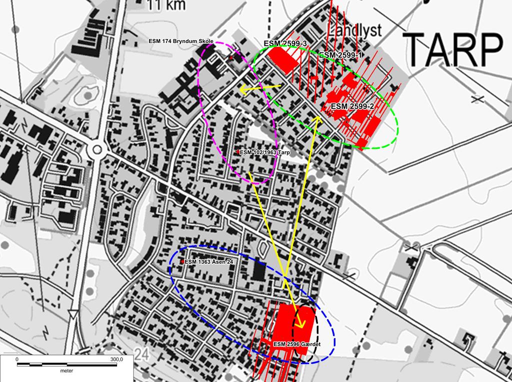 Sammenfatning De tre huse har sammen med gruben, der blev fundet på Bryndum skole i 1971 og husene, der er undersøgt ved udstykningen af Landlystvej i 2005 og 2007 udgjort en bebyggelse, der har