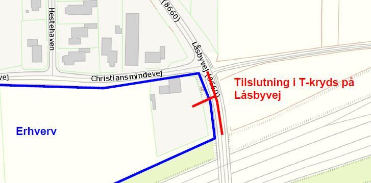 nye adgang lidt vest for Låsbyvej (skal skitseres). Der vil således være offentlig trafik på erhvervsområdet (udlægges som vejareal!). Frarådes!