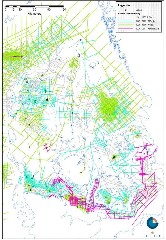 Figur 4: Kort over boringer og seismisk data i Danmark (GEUS 2009) Mange af de seismiske data er endvidere af ældre dato helt tilbage til 1960 hvorfor kvaliteten og detaljegraden er ringe (GEUS:6).