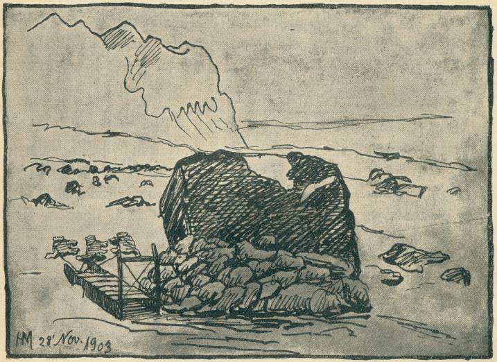 Ligeledes har Moltke malet en akvarel fra bopladsens V-lige kyst med fuglefjeldet i baggrunden og en skitse af Kale s grav (se oven for).