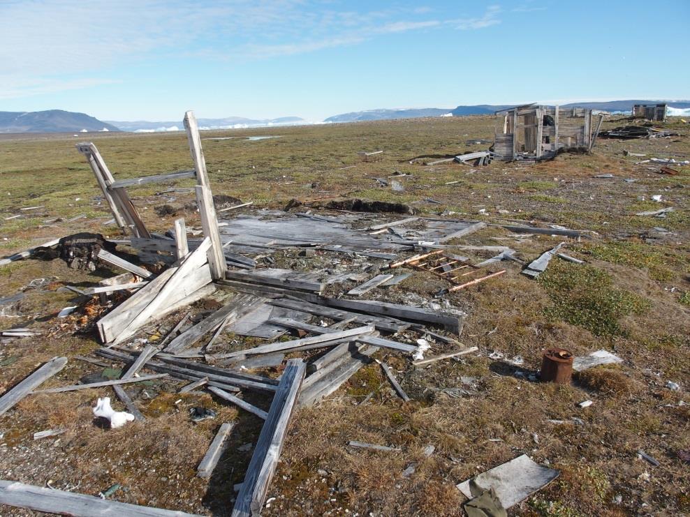 Fig. 18. Rækken af tørve/træhuse fra Thule Air Base-perioden på Qeqertaarsuit (Manson Øer). (Foto: BG). Længere mod NV ligger flere vinterhus-tomter (10 stk.