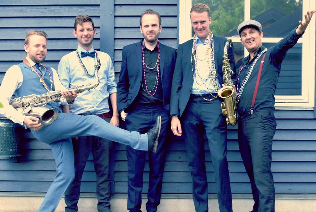 Jazz Five Danmark møder New Orleans Målgruppe: Mellemtrin Genre: Jazz Vi spiller: New Orleans Funk/Blues/Jazz Stefan Andersen Trommer/lead vokal Jonas Starcke Bas/lead vokal Johan Bylling Lang