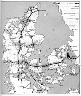 Figur 4: På kortet ses Vejplanudvalgenes forslag fra 1975 til bl.a. et dansk motorvejsnet.
