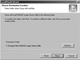 6. Du installerer softwaren i standardmappen (C:\Program Files\DiMAGE Image Viewer Utility) ved at klikke på "Next >".