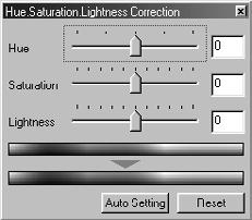 FARVEKORREKTION Korrektion af kulør, farvemætning og lyshed: 1. Klik på knappen for kulør, farvemætning og lyshed. Vinduet "Hue, Saturation, Lightness Correction" fremkommer (figuren til venstre).