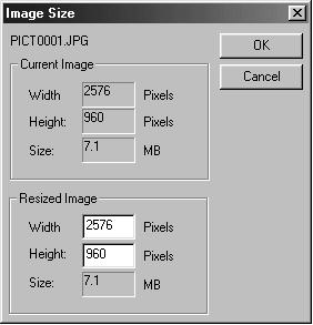 Sådan ændres billedstørrelsen: BRUG AF SOFTWARET - THUMBNAILS 1. Vælg den thumbnail, du vil ændre størrelsen på, og klik på knappen "Image Size" i hovedvinduet. Vinduet "Image Size" fremkommer. 2.