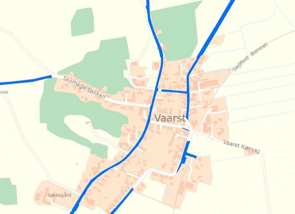 FORBEDRING AF MATRIKELKORTET 49 Figur 24 Udskilte veje i Vaarst. De mørkeblå flader er udskilte veje, i en tilfældig mindre lokalplanlagt by.