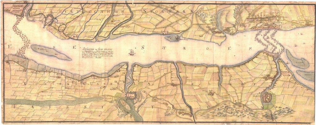 Tegning af den danske hærs overgang over Elben sommeren 1712. (Forsvarsgalleriet) syd.
