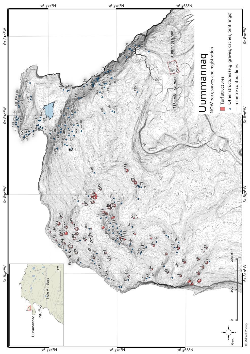 Topografisk kort over Uummannaaq-bopladsen baseret på en