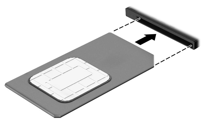 5. Sæt SIM-kortet i SIM-slotten, og tryk det forsigtigt ind, indtil det sidder fast. BEMÆRK: Se billedet af computeren for at finde ud af, hvordan SIM-kortet skal indsættes i computeren.