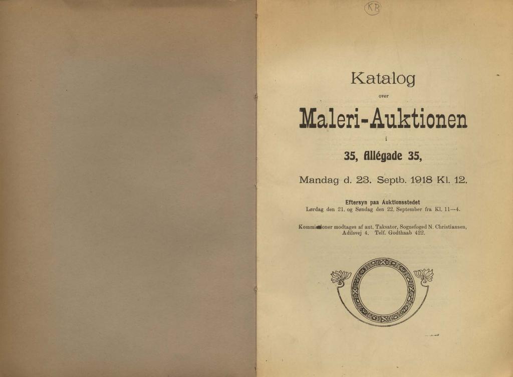 Katalog over Maleri-Auktionen 35, flllégade 35, Mandag d. 23. Septb. 1918 Kl. 12. i Eftersyn paa Auktionsstedet Lørdag den 21.