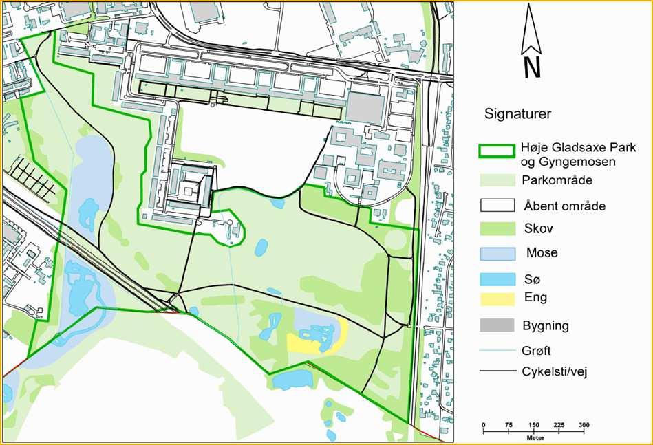Figur 6: Uddrag af naturplan 2010-2015 Gladsaxe Kommune. Høje Gladsaxe Park og Gyngemosen i Gladsaxe Kommune. Trusler og påvirkning For frøer og stor vandsalamander er mulige trusler bl.a. tilgroede vandhuller.