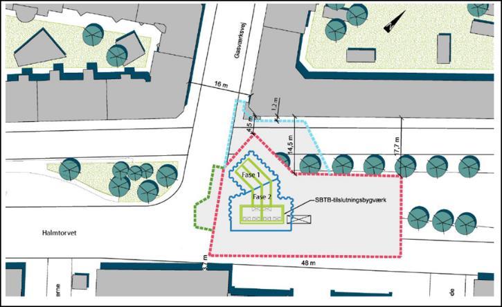 Afgrænsning af byggeplads for kommende byggeskakt ved Halmtorvet/Gasværksvej, fase 1