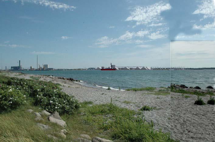 Figur 4.4: Visualisering af Ny Vesthavn set fra Gisseløre Der er udført en række visualiseringer af projektet, der viser, at navnlig oplevelsen af kystlandskabet vil blive reduceret.