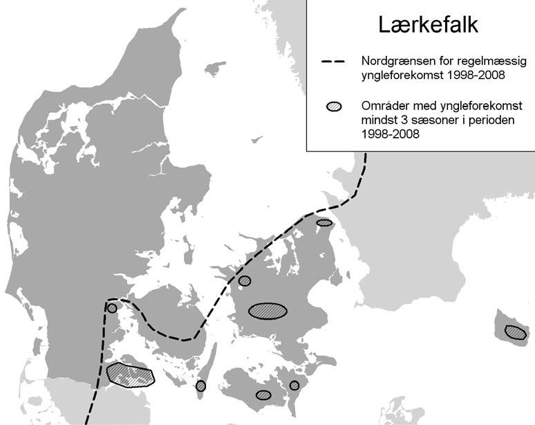 Lærkefalken i Danmark 43 Fig. 1. Lærkefalken er pletvist udbredt syd og øst for den stiplede linie.