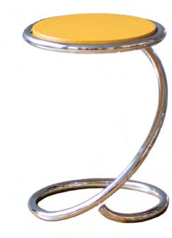 Ved at bøje og valse et enkelt stålrør i ét stykke til én spiral, har Poul Henningsen skabt en taburet, der er fritstående fra alle former for konventionelt design.