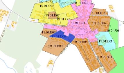 19.01.B06 Ved tæt lav bolig gælder max. bebyggelsesprocent på 40% for den enkelte ejendom. Boligområde Boligområde Min. 2 p-pladser pr. bolig for åben lav og min.