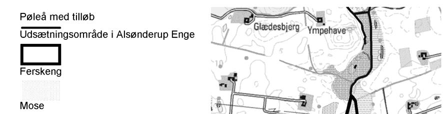 Kort over Alsønderup Enge med numre, der indikerer placeringen af de omtalte 3 områder