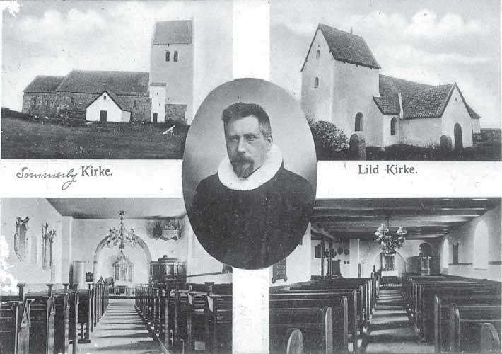 Postkort med Tømmerby og Lild kirker og pastor Hansen 1897-1912. Ca. 1910. kunne rumme de mange deltagere, og ønsket om en kirke på stedet forstærkedes.