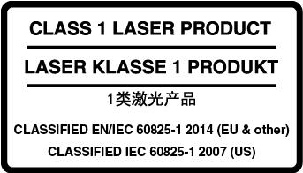 Sikkerhedsforskrifter for Klasse 1-laserprodukt Dette produkt er klassificeret som Klasse 1 i henhold til IEC 60825-1 2. udgave 2007 i USA og klassificeret som Klasse 1 i henhold til EN/IEC60825-1 3.
