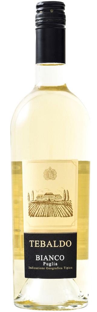 Husets vine Tebaldo, Bianco, Puglia, Italien Tebaldo Bianco er fremstillet på Bombino Bianco, en højt ydende druesort der fortrinsvis dyrkes ved Adriaterhavets kystnære områder.