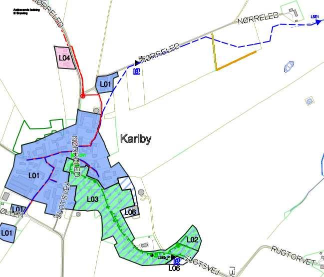 Bilag 1: Oversigtskort over ledningsanlæg og kloakoplande i Karlby (status og plan)