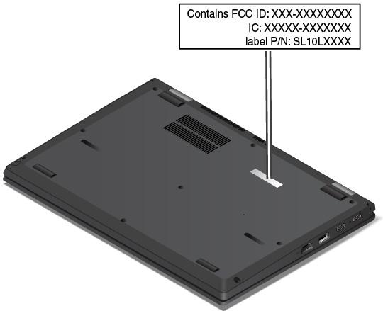 FCC-id- og IC-certificeringsnummer Oplysninger om FCC og IC-certificering kan findes på en mærkat på computeren som vist i følgende illustration.