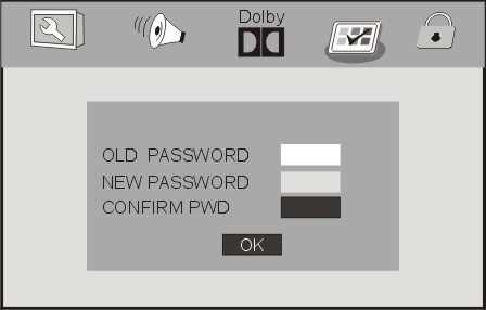Password (kode) Under dette punkt skal du indtaste den firecifrede kode, du vil anvende til børnesikringen. Koden skal efterfølgende indtastes i boksen, når afspilleren beder om det.
