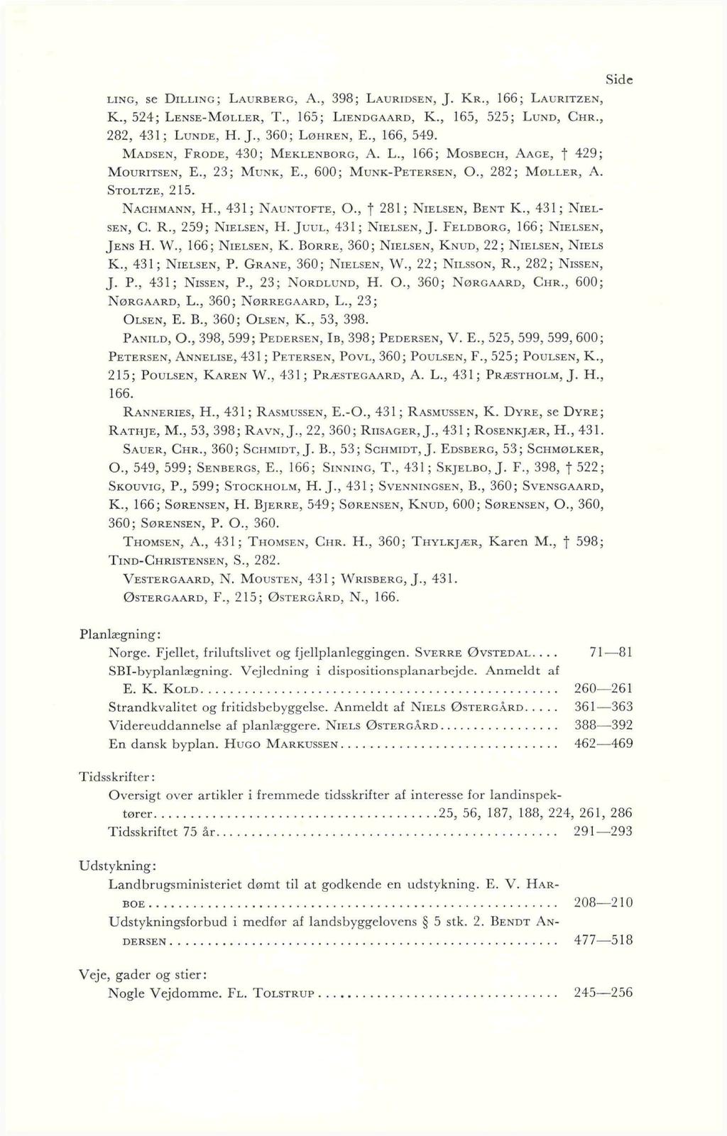 Side LING, Se DlLLING; LAURBERG, A., 398; LAURIDSEN, J. KR., 166; LAURITZEN, K.,524;LENSE-MøLLER, T., 165; LiENDGAARD, K., 165, 525; LuND, CuR., 282,431;LuNDE,H.J.,360;LøHREN,E.