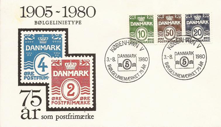 Bølgelinjefrimærket i 75 år Postvæsenet fejrede jubilæet med et særstempel den 3. september 1980. Det burde have været den 22.
