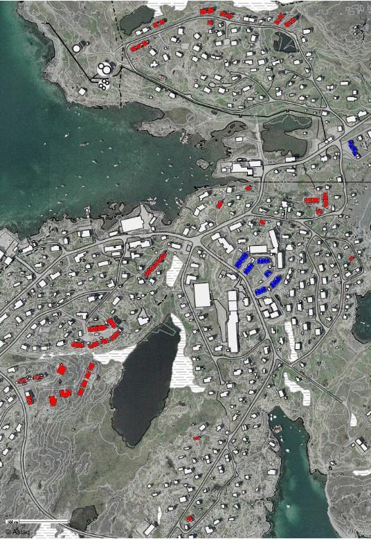 17 Boligafdelingerne Overblik boligafdelinger Qeqertarsuaq Blå: Selvstyret Rød: Kommunen Boligoversigt Boliger