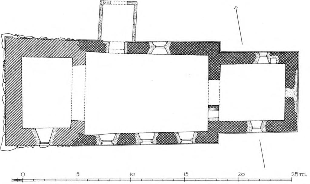 966 MORSØ NØRRE-HERRED Fig. 2. Solbjærg. Plan. 1:300. Maalt af C. G. Schultz 1940. 71 cm) veltilhugget med skraa Overkant og let rundede Ender, den anden (Buebredde o.