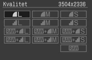 Bemær, at RAW eller RAW+JPEG ie an indstilles i tilstandene under basic-zone. 1 Vælg [Kvalitet]. Drej på <5> for at vælge [z Kvalitet], og try derefter på <0>. Særmen med optagelsesvalitet vises.