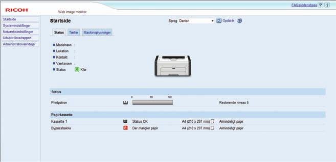 Brug af Web Image Monitor 2 3 3 1 4 DSH134 1. Menuområde Hvis du vælger menu, vises indholdet i hovedområdet. 2. Faneområde Indeholder faner til at skifte mellem oplysninger og indstillinger, som du vil se eller konfigurere.