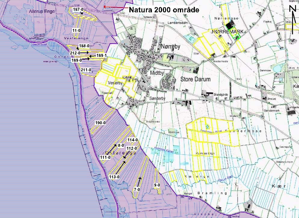 Kort 11. Udbringningsarealer indenfor Natura 2000 område. Nærmeste kvælstoffølsomme naturområde på udpegningsgrundlaget er et rigkær (naturtype nr. 7230) beliggende ca.