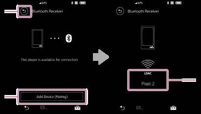 Bluetooth Receiver-skærm Du kan anvende Walkman'en til at lytte til musikindhold gemt på en smartphone (Bluetooth Receiver-funktion). Brug hovedtelefoner sammen med Walkman'en.