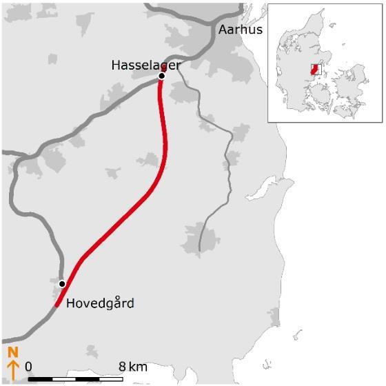 Den højhastighedsbane der er undersøgt afgrener fra den eksisterende bane ved Brejning syd for fjorden, og kobles til den eksisterende bane ved Daugård nord for fjorden.