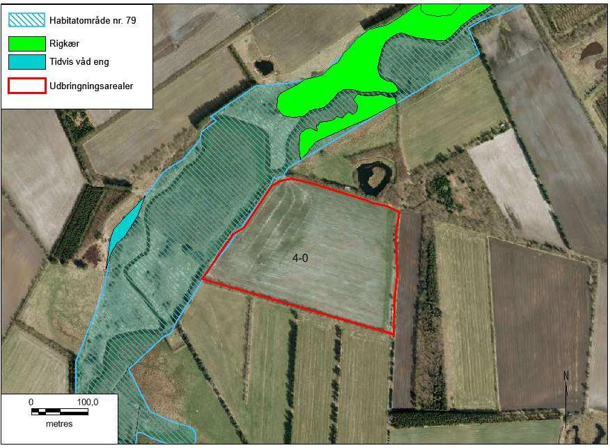 Luftfoto: Copyright COWI 2010 Kort 10: Placering af udbringningsareal nr. 4-0 i forhold til habitatnatur på udpegningsgrundlaget for habitatområde nr. 79.