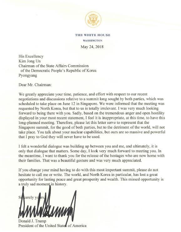 Trumps uforudsigelighed er det mest forudsigelige i Washington Trump aflyste i et brev til Kim Jong Un topmødet i Singapore mellem USA og Nordkorea, som efter planen skulle finde sted den 12 juni